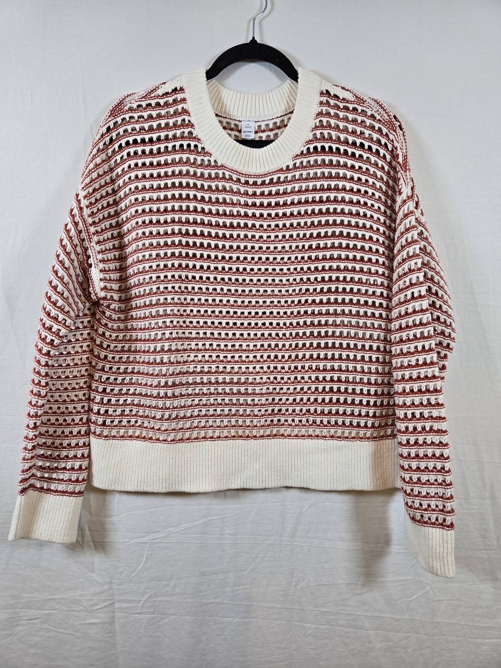 Old Navy White & Red Patterned Open Knit Crewneck Sweater